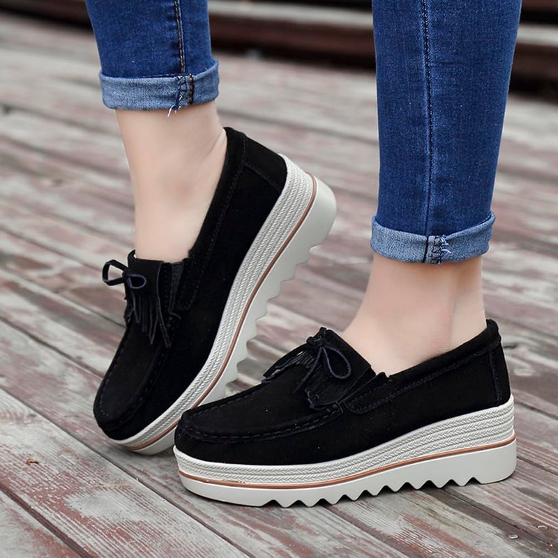 Ruiatoo Women Loafers & Slip-ons Platform Comfort Suede Low Top Moccasins with Tassel Casual Platform Dress Shoes (2017,Black 37) - Image 5